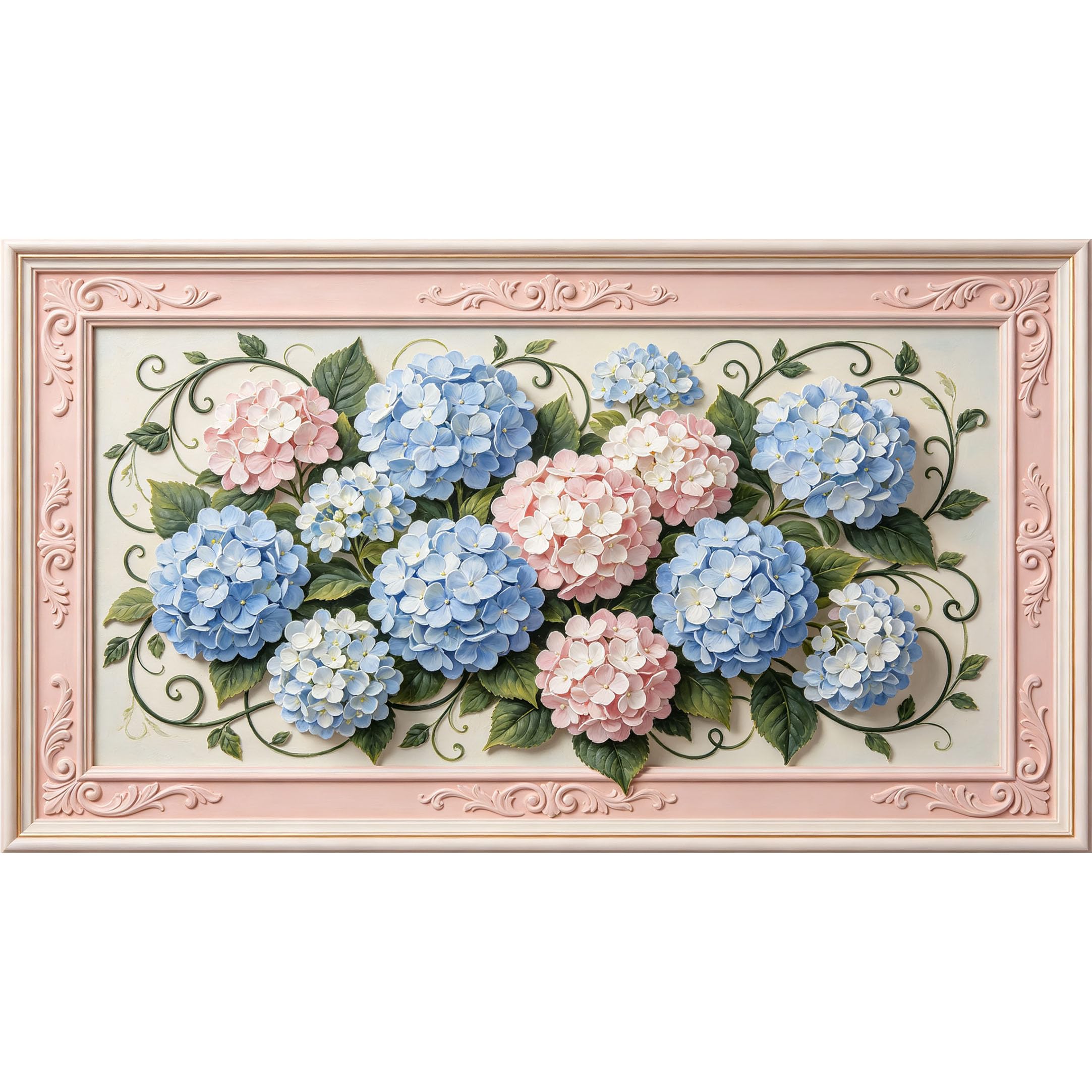 QZLITHOTIC 50×90cm3D Framed Wall Art， Pastel Hydrangea Floral Self?Adhesive Mural， Water?Activated Peel & Stick Fabric Decor Wall Decal for Bedroom Living Room