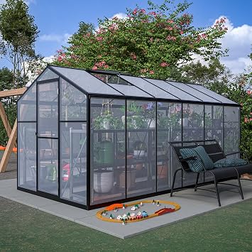Large Polycarbonate Greenhouse for Outdoors, Heavy Duty Aluminum Greenhouse with Lockable Doors & 2 Vent Window Walk-in Greenhouse for Outside, Patio, Backyard, Garden, Black 6X12 FT