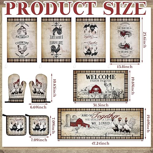 Miniatura 3 de Juego de 10 toallas de cocina de pollo estilo granero, juego de manoplas de horno y soportes para ollas, juego de decoración de cocina de granja