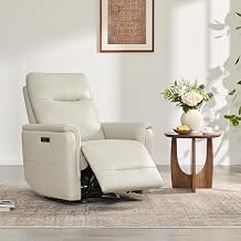 Watson & Whitely Genuine Leather Swivel Recliner Chairs for Adults, Electric Glider Rocker W Power Headrest USB-C Charger for Living Room, Light Grey