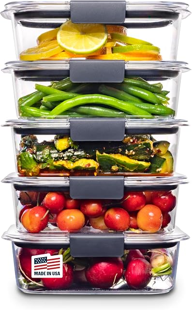 Rubbermaid 10-Piece Brilliance Food Storage Containers with Lids for Lunch, Meal Prep, and Leftovers, Dishwasher Safe, 3.2-Cup, Clear/Grey