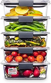 Kit de potes de armazenamento de alimentos Rubbermaid Brilliance, plástico livre de BPA, pacote com 5, transparente