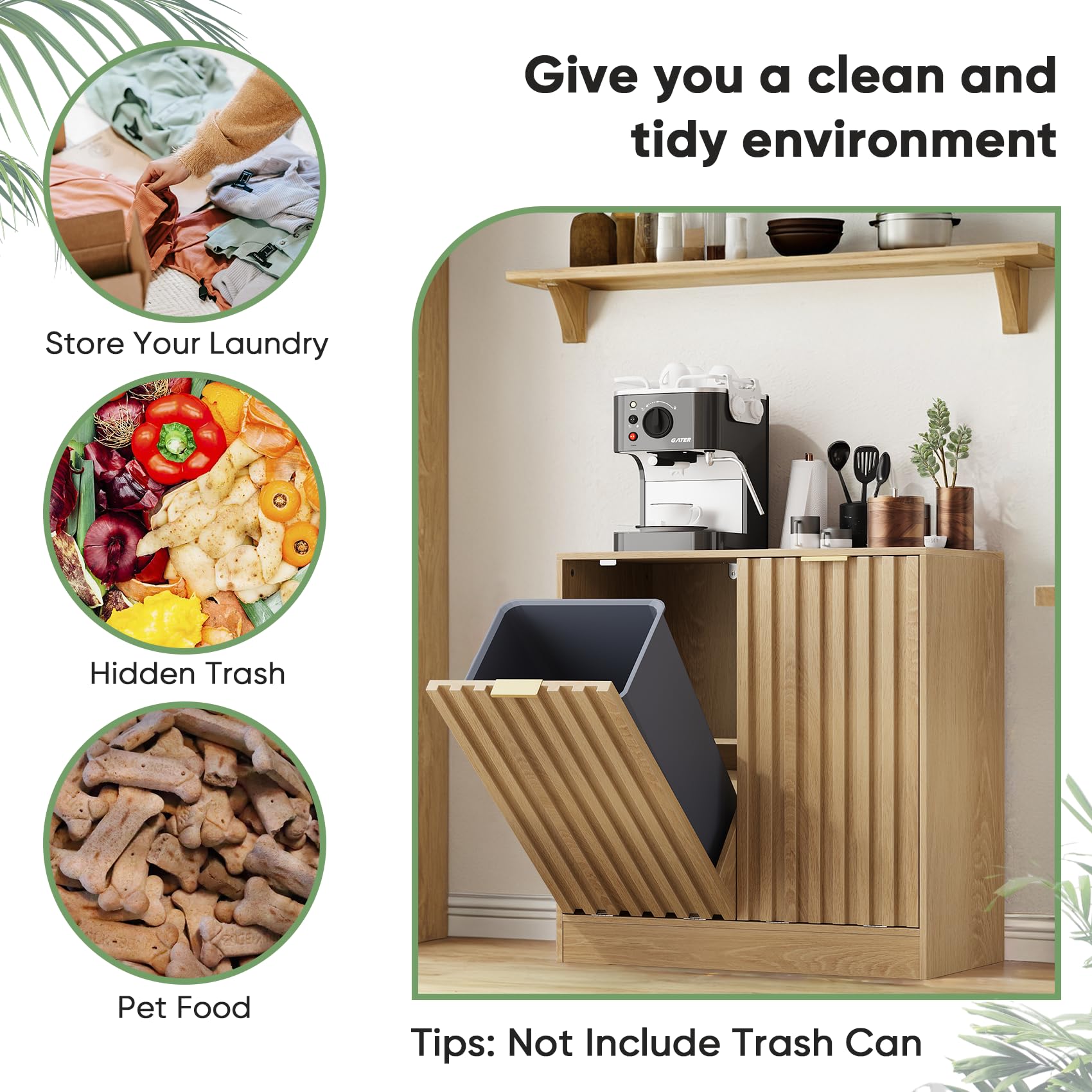 Smuxee Gabinete de lavandería doble inclinable, armario oculto con cestas dobles, cubo de basura natural con puertas estriadas para baño, cocina