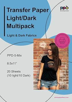 PPD 20 Sheets 8.5x11 - Inkjet Iron-on Heat Transfer Paper for Mixed Light & Dark Fabric and T-Shirts - Premium - PPD-5-MIX-20