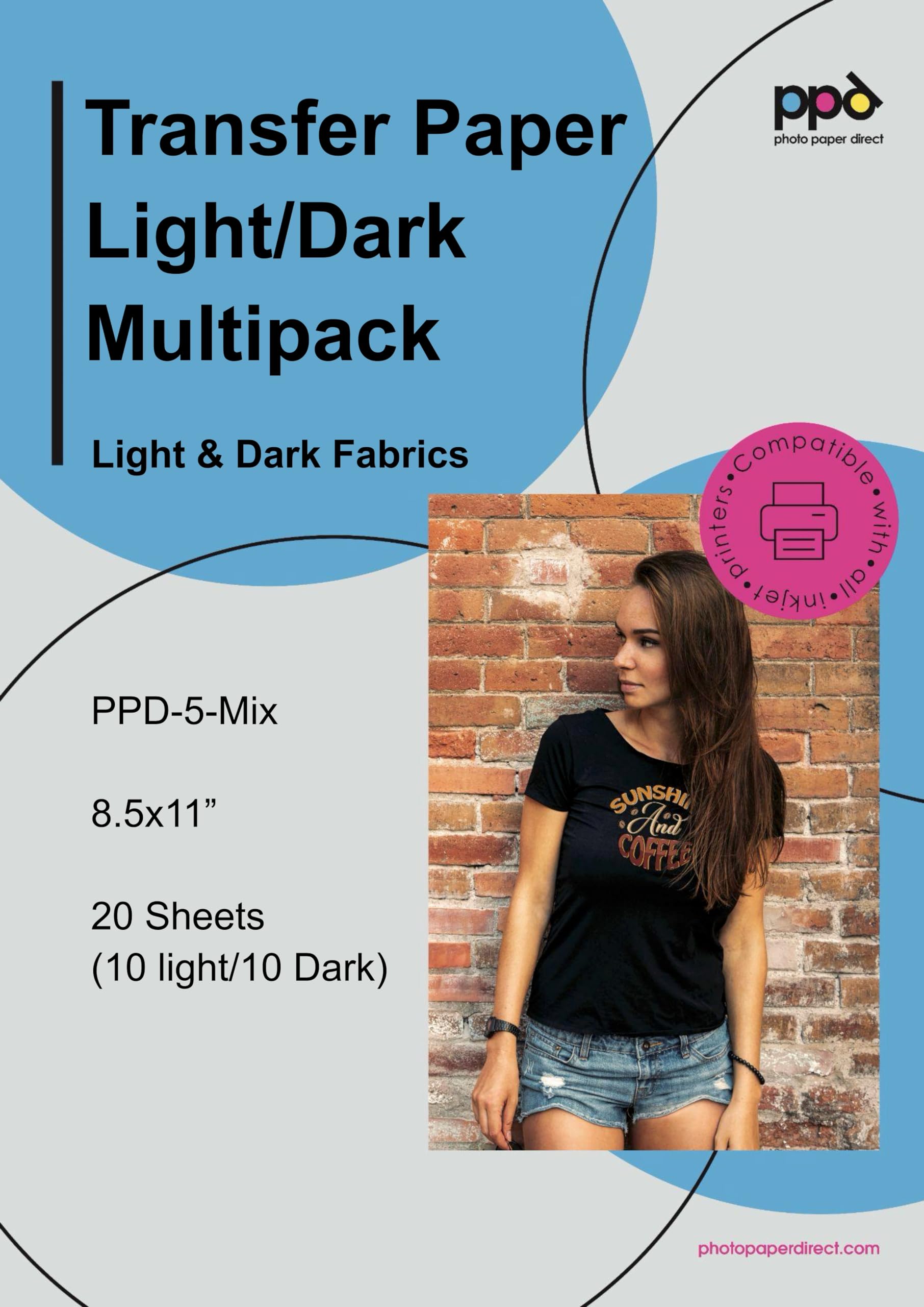 PPD20 Sheets 8.5x11 - Inkjet Iron-on Heat Transfer Paper for Mixed Light & Dark Fabric and T-Shirts - Premium - PPD-5-MIX-20