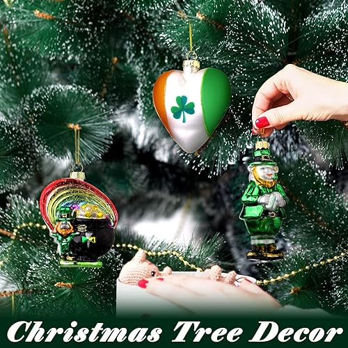 Miniatura 4 de Juego de 4 adornos irlandeses de Navidad de vidrio soplado para árbol de Navidad, juego de adornos colgantes de trébol verde, arco iris, duende,