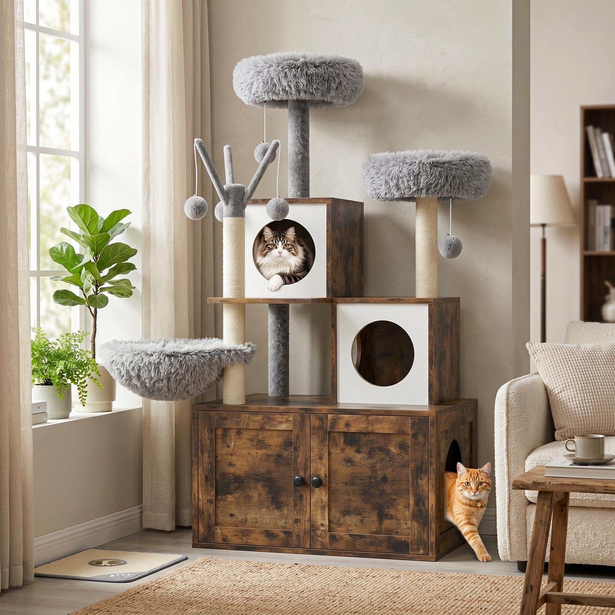 54,3" Katzenbaum mit Katzentoiletten-Schrank, 2-in-1 Kratzbaum mit Liegekorb und Plattform, Rustikales