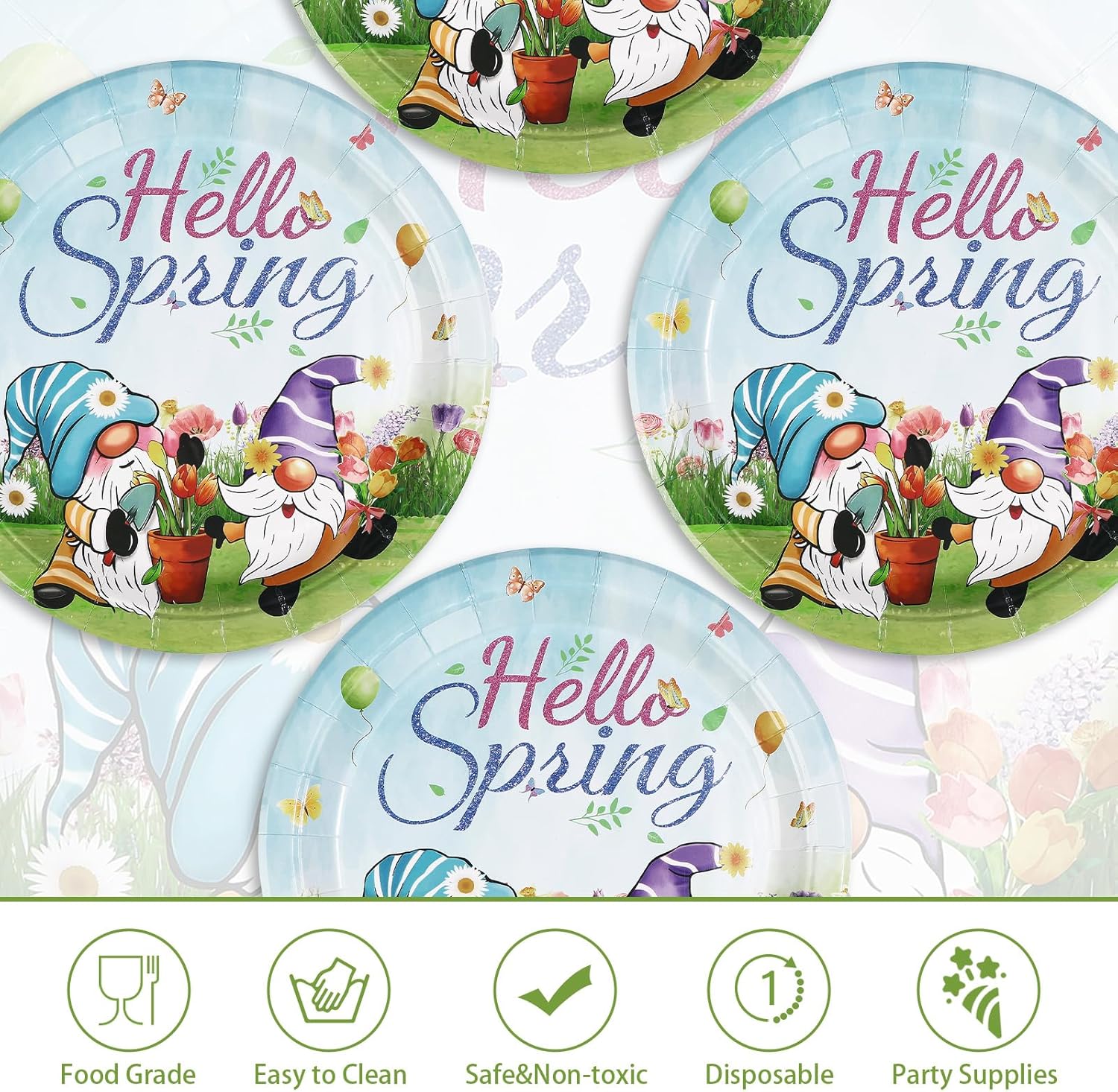50Pcs Spring Paper Plates 10 Inch Heavy Duty Disposable Gnome Floral Dessert Plates Hello Spring Party Decorations for Easter Gnome Birthday Baby Shower Party Supplies