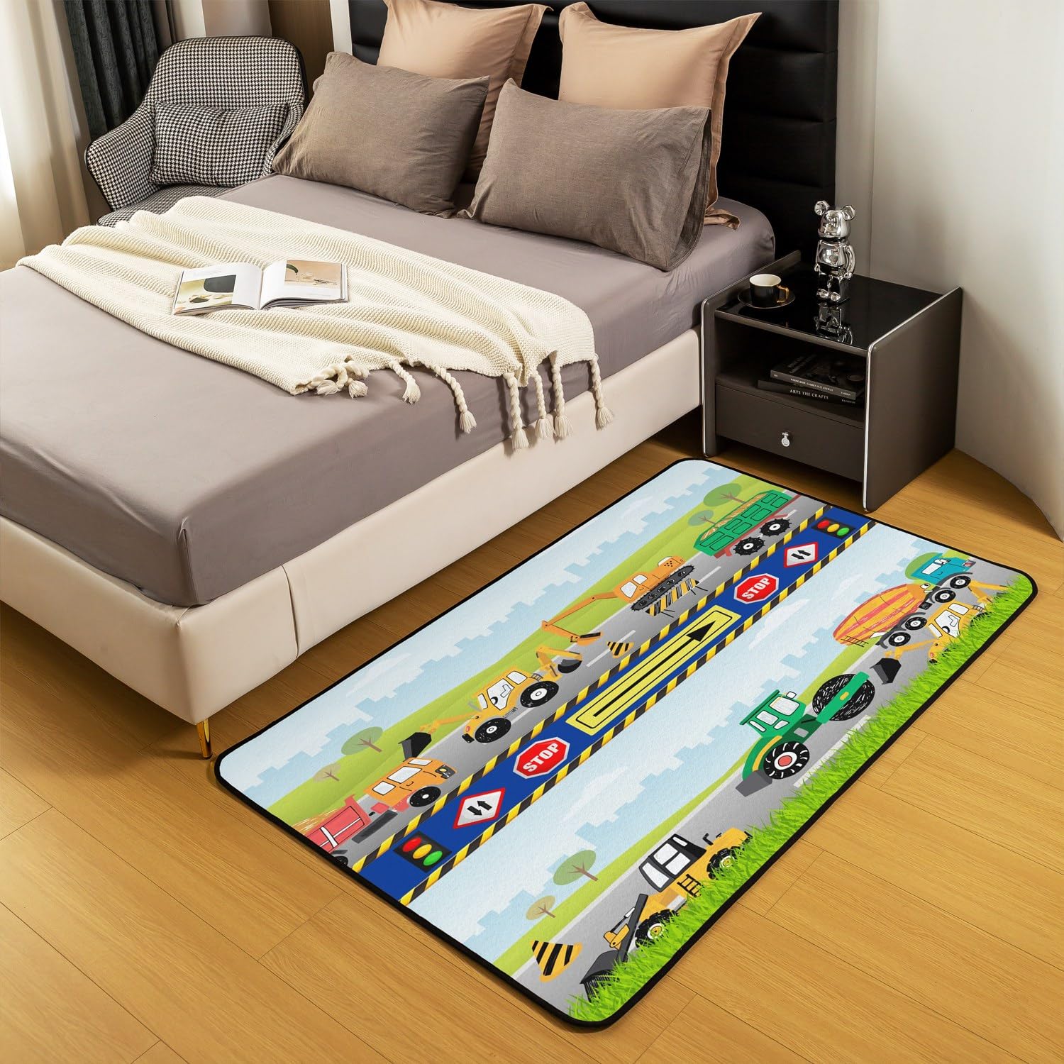 Loussiesd Tappeto con escavatore per bambini, per macchinari, trattori, camion, soggiorno, set di tappeti da costruzione, carino, tappeto decorativo per la scuola, auto, veicolo d'accento, tappeto 150