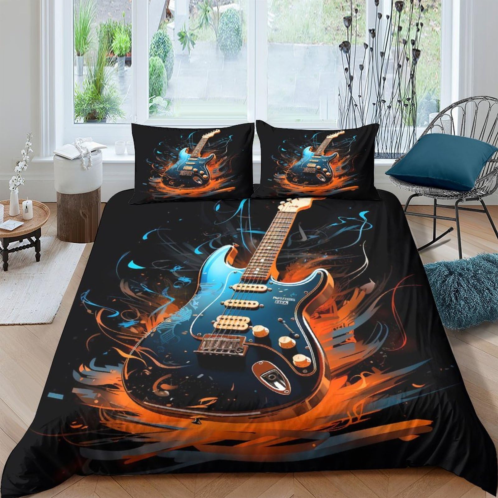 P5V6M1Q9 3D Printed Electric Guitar Duvet Cover Microfiber Orange Blue Fire Bedding Set with 2 Pillowcases for Bedroom Decor Single（135x200cm）