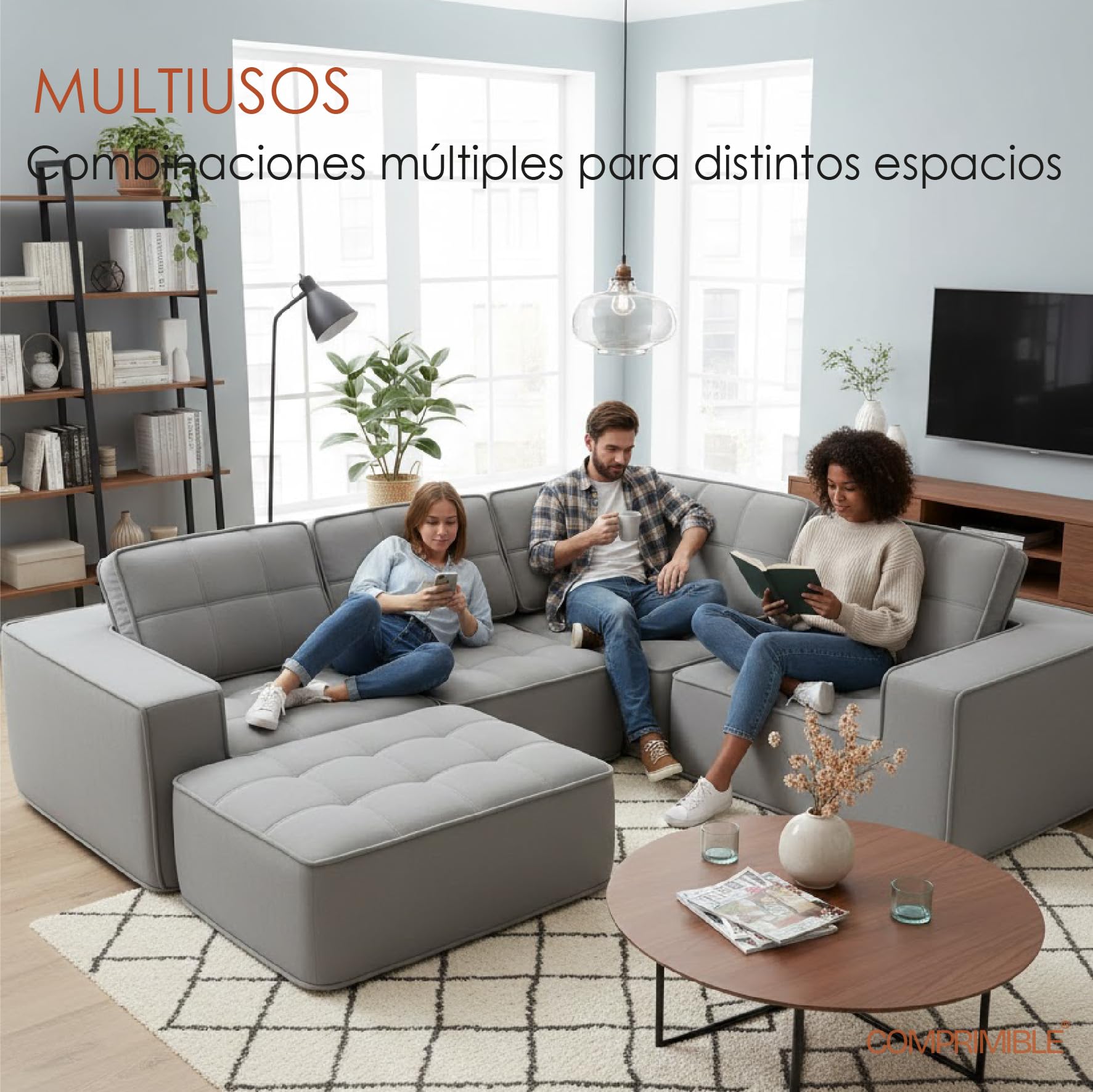 COMPRIMIBLE Icónico | Sofa Modular de 3 plazas con reposapies. Fabricado en Tela de Lana Resistente al Desgaste e Interior con Espuma polimérica de Alta Densidad. 275x90x75 (Blanco) | Polímero interior