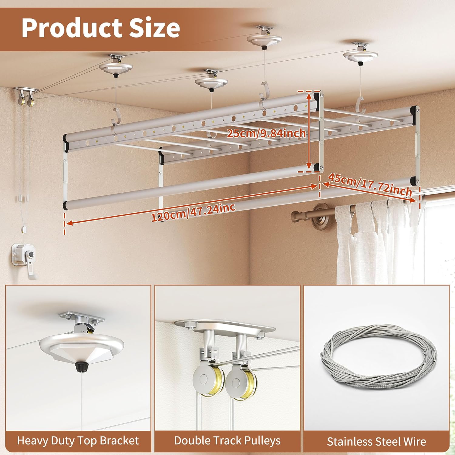 lesolar Ceiling Mounted Clothes Drying Rack, Height Adjustable Clothes Airer Pulley Drying Rack, Vertical Folding Laundry Drying Rod