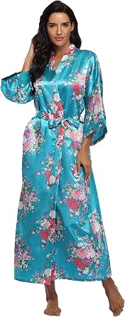 Womens Long Satin Robe Floral Lightweight Kimono