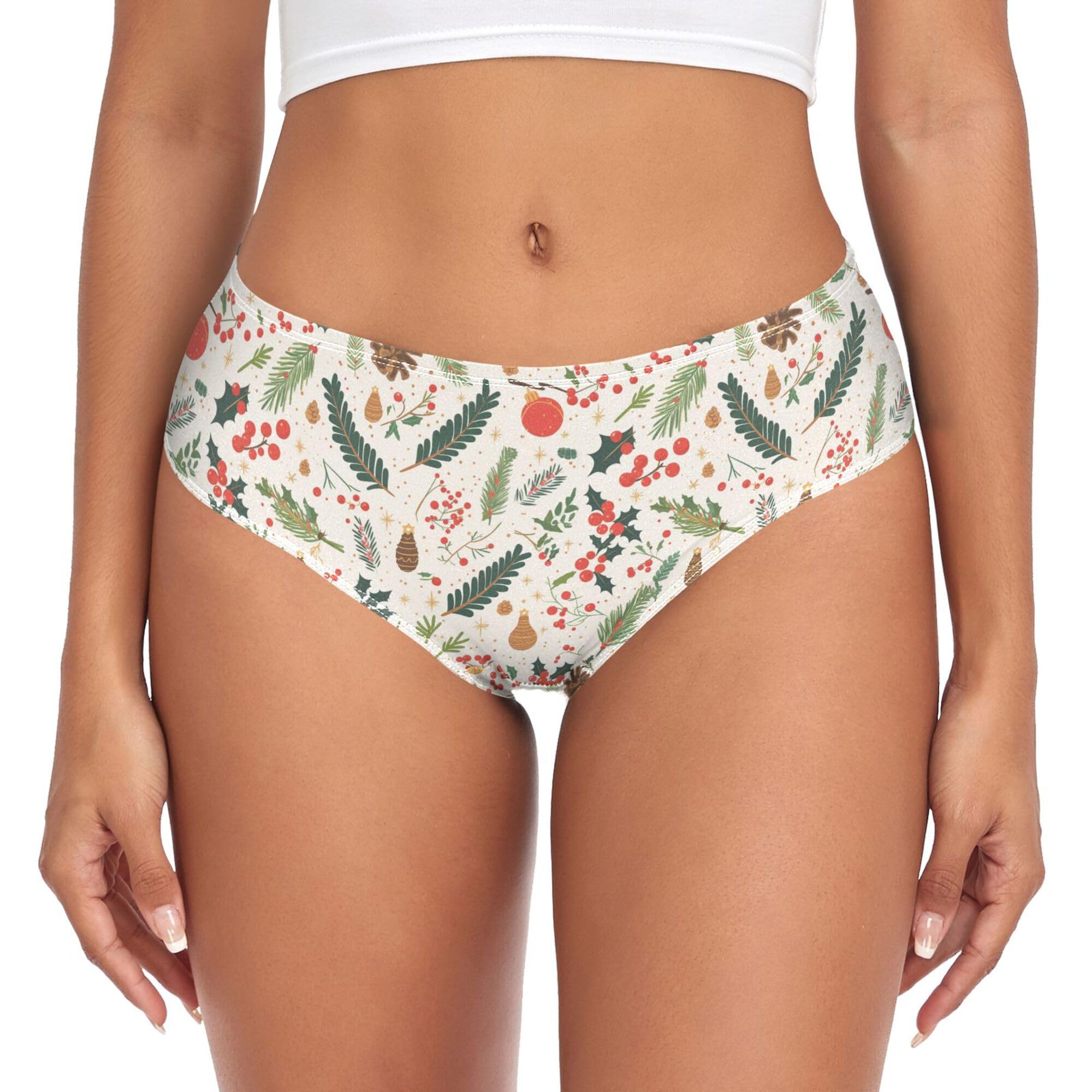 SMAZDFXX Women's Underwear Brief Moisture Wicking Mid Waisted Ladies Panties Christmas Holly Pine Cone