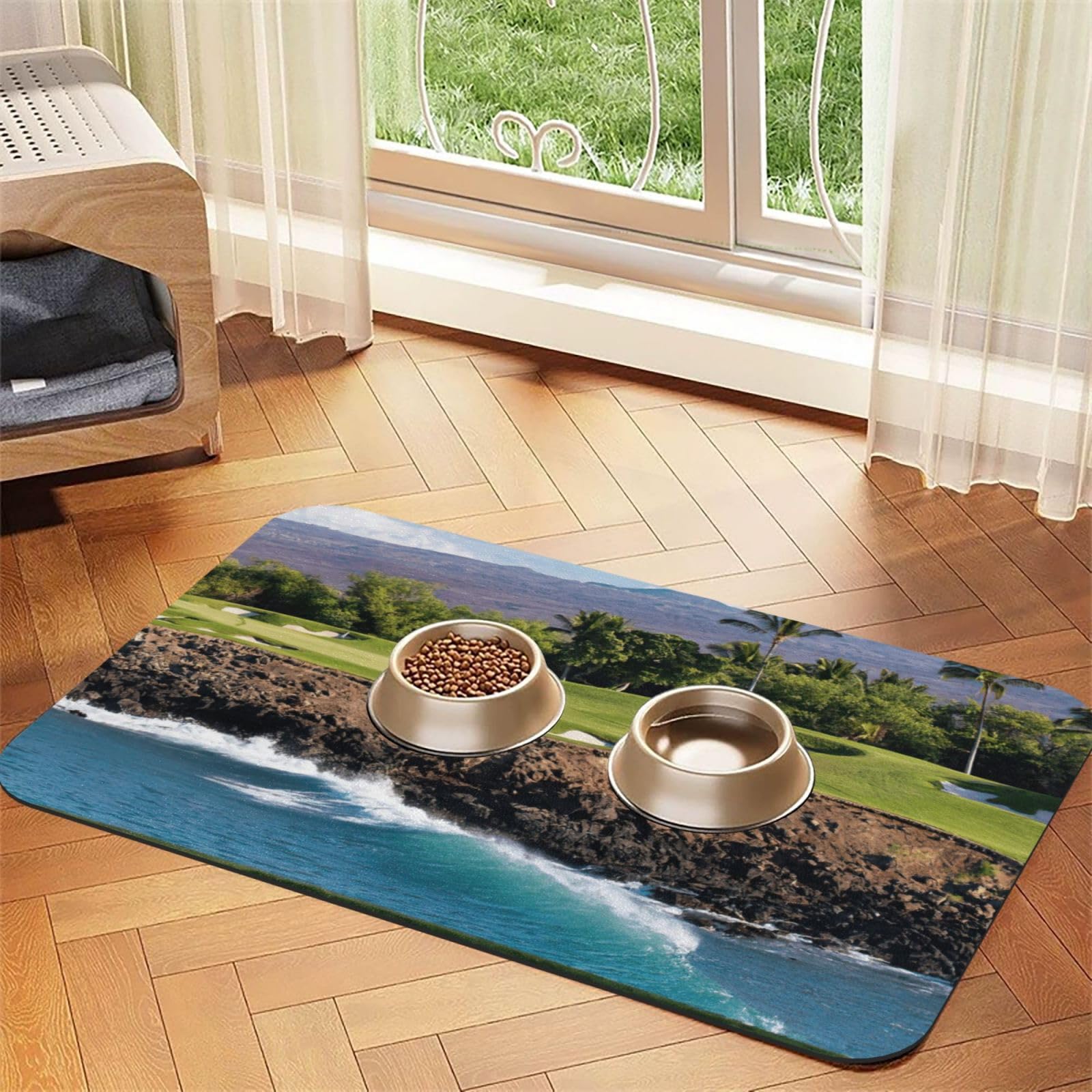Tapis en cuir PU pour chien et chat avec dessous caoutchouc au design Hawaii Beach