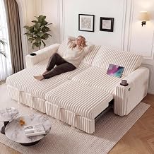 Vipbear 91" Sectional Sleeper Sofa with Pull Out Bed,5-Level Adjustable Backrest,3 Seat Modular Couch with Storage,Tool Free Assembly,USB & Cup Holders, Corduroy Sofa for Living Room,Beige