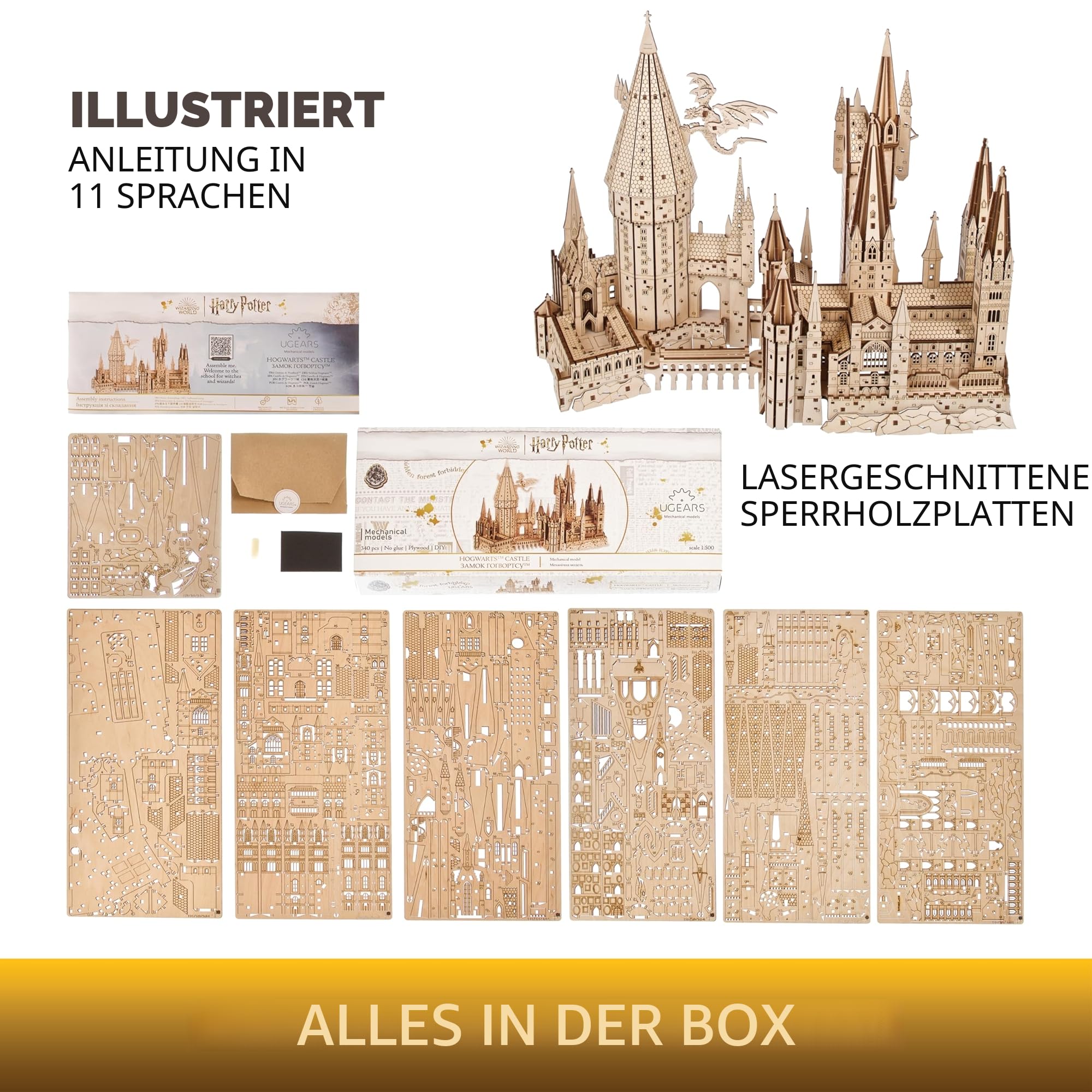 Ugears Hogwarts Castle 3D Puzzle - Holzpuzzle Harry Potter 3D Puzzle Schloss Modellbausatz Erwachsene - Zaubererschule Harry Potter Bausatz 3D Holzpuzzle Erwachsene Geburtstagsgeschenk - 340 Teile