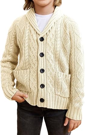rrhss Boys Cable Knit Cardigan Sweater Kids Button Down Shawl Collar Outwear Sweater with Pockets 3-12 Years