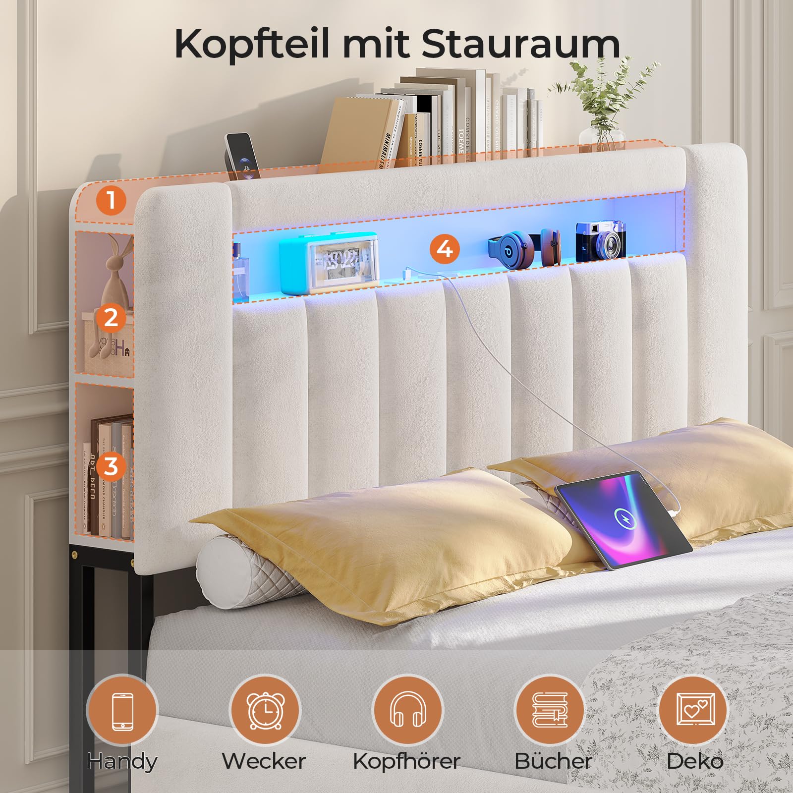 AOGLLATI Polsterbett 140x200 cm mit Stauraum - 4 Schubladen Jugendbett mit LED-Beleuchtung & Ladestation,Doppelbett mit Kopfteil aus Samt Bett 140x200 mit Lattenrost-ohne Matratze,Beige Samt