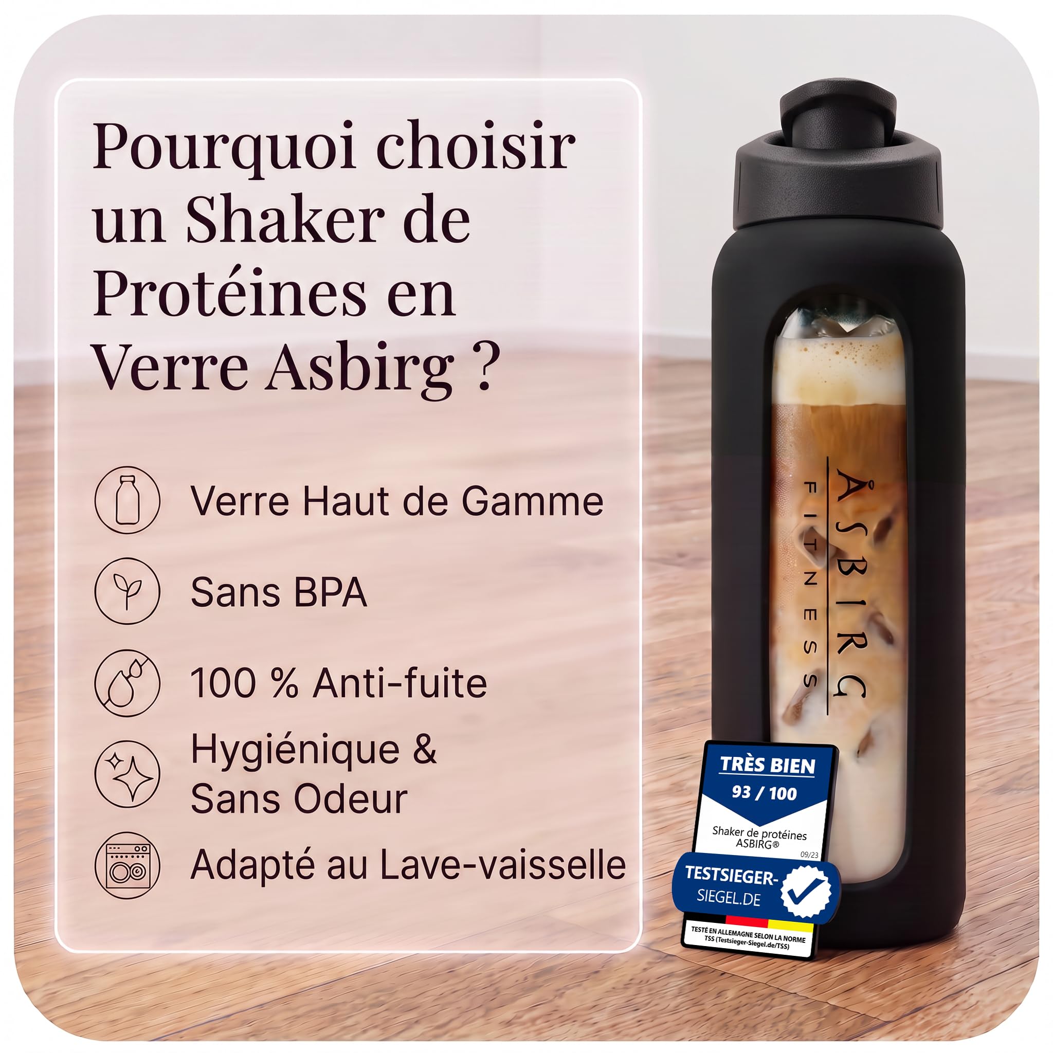 Lot de 3 Shakers Protéinés en Verre – 700ml avec Bille Mélangeuse Spiralée – Noir, Aqua et Beige – Sans BPA, Étanche, Idéal Fitness & Musculation
