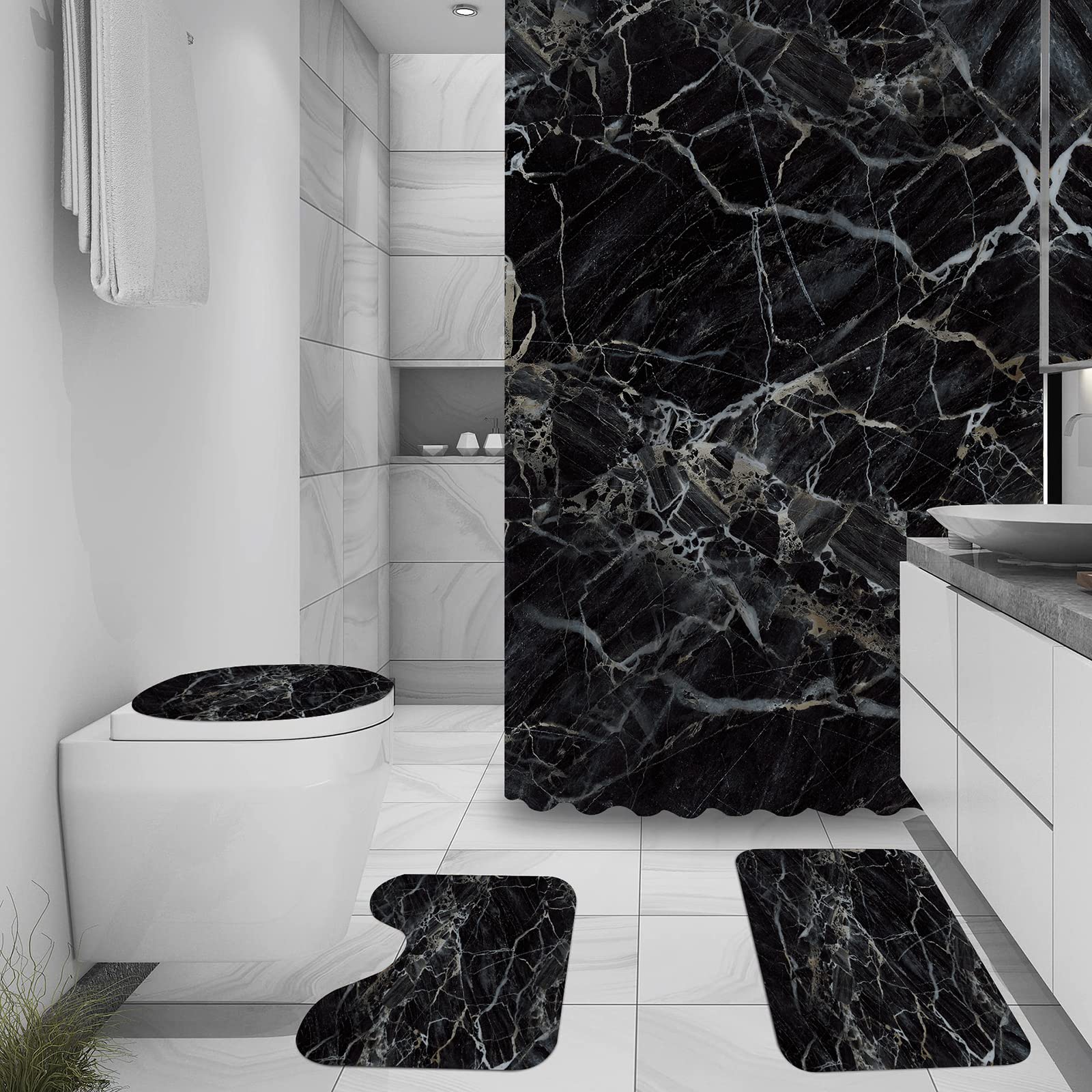 Lot de 4 rideaux de douche en marbre noir avec tapis de bain, motifs marbrés, tapis antidérapants, coussinets absorbants et rideaux de douche imperméables + crochets (noir)