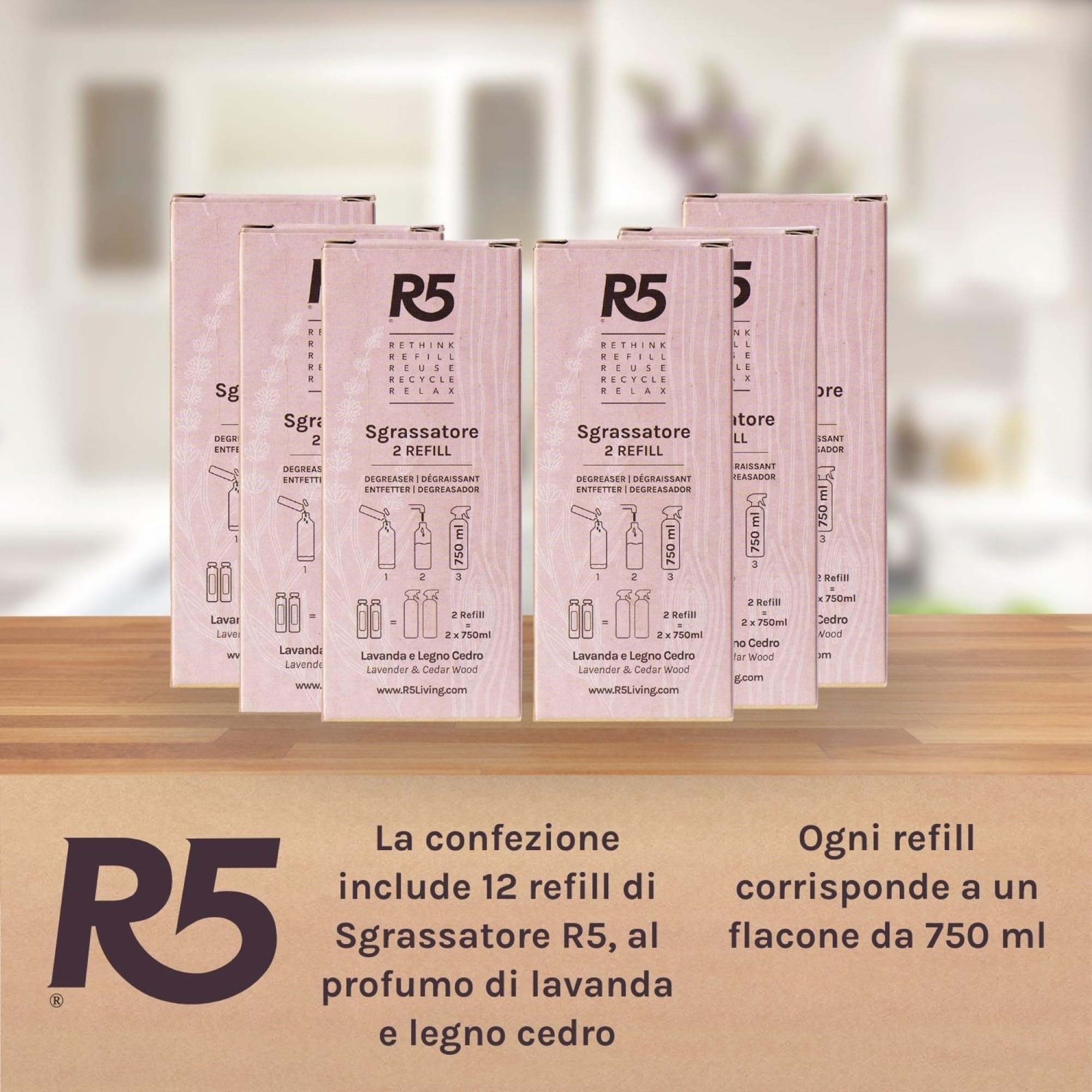 R5, Multipack 12 Refill Sgrassatore, Elimina Grasso e Sporco dalle Superfici Incrostate, Profumo di Lavanda e Legno Cedro, Soluzione Eco-Formato, Vegan, Cruelty Free, Made in Italy