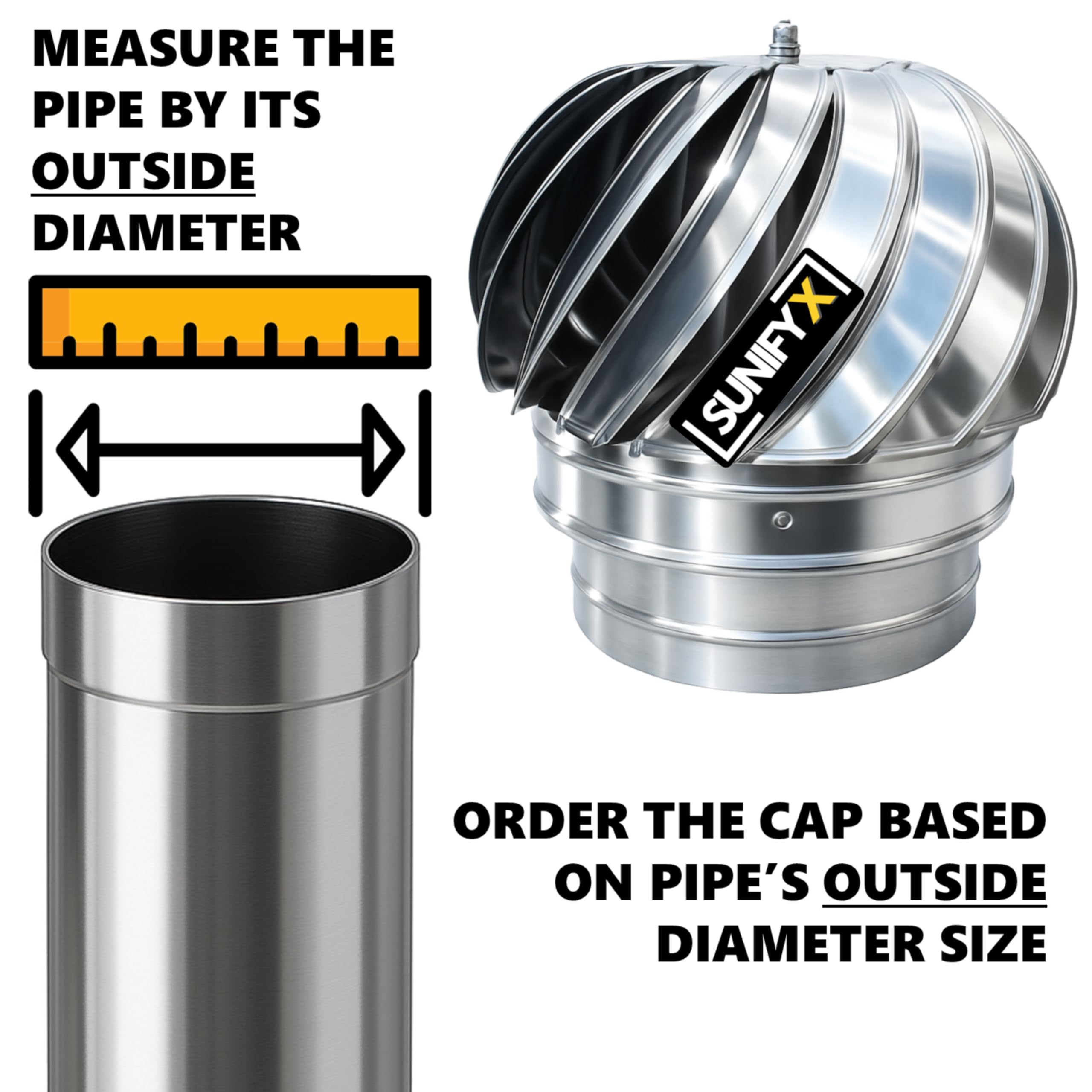 Extracteur de Fumées Rotatif Éolien Ø150 mm – Chapeau de Cheminée Anti-Refoulement – Casquette Rotative Anti-Pluie pour Conduits – Base Ronde – SUNIFY