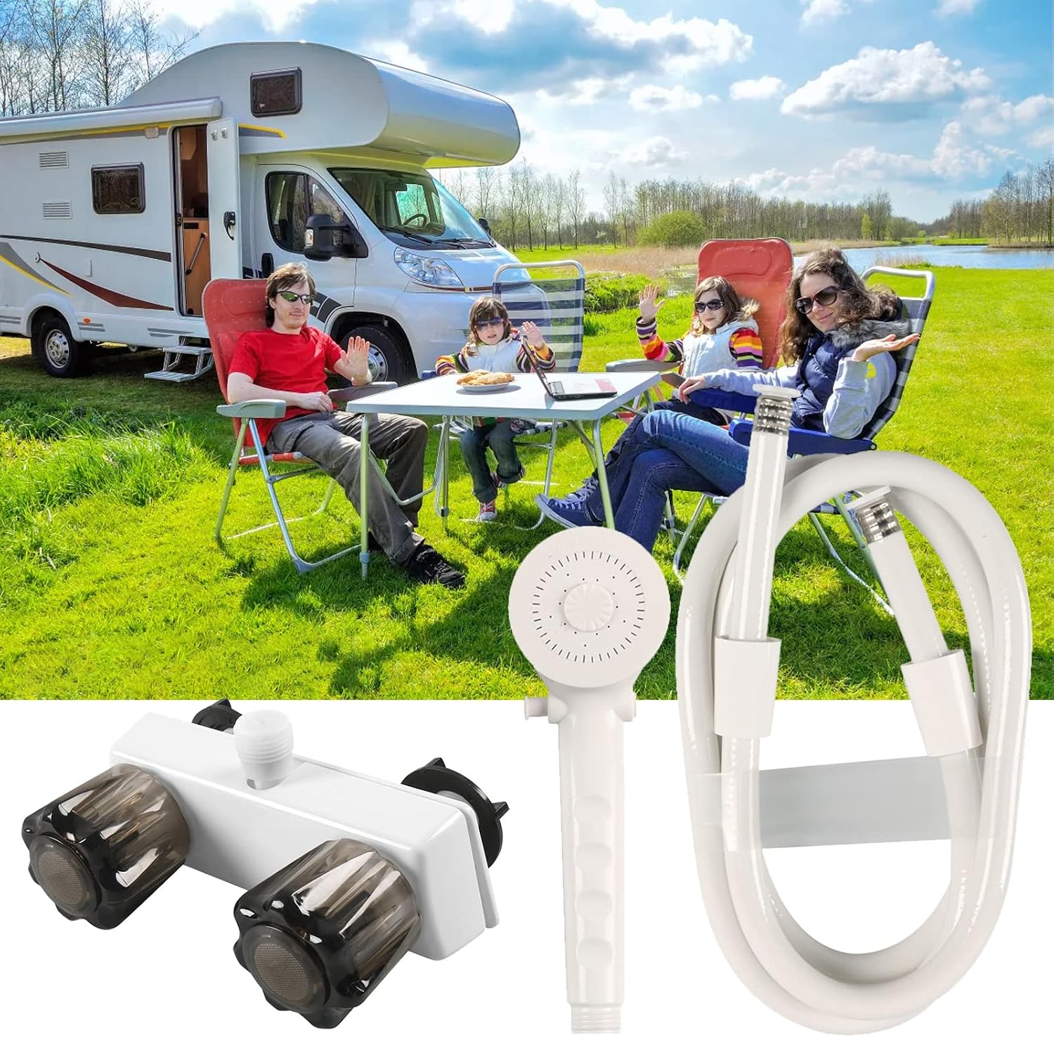 kingsea RV Shower Head with Hose and RV Shower Faucet, Non-Metallic Hand Held Shower Set Valve Diverter Replacement for RVs, Campers, Boats, White