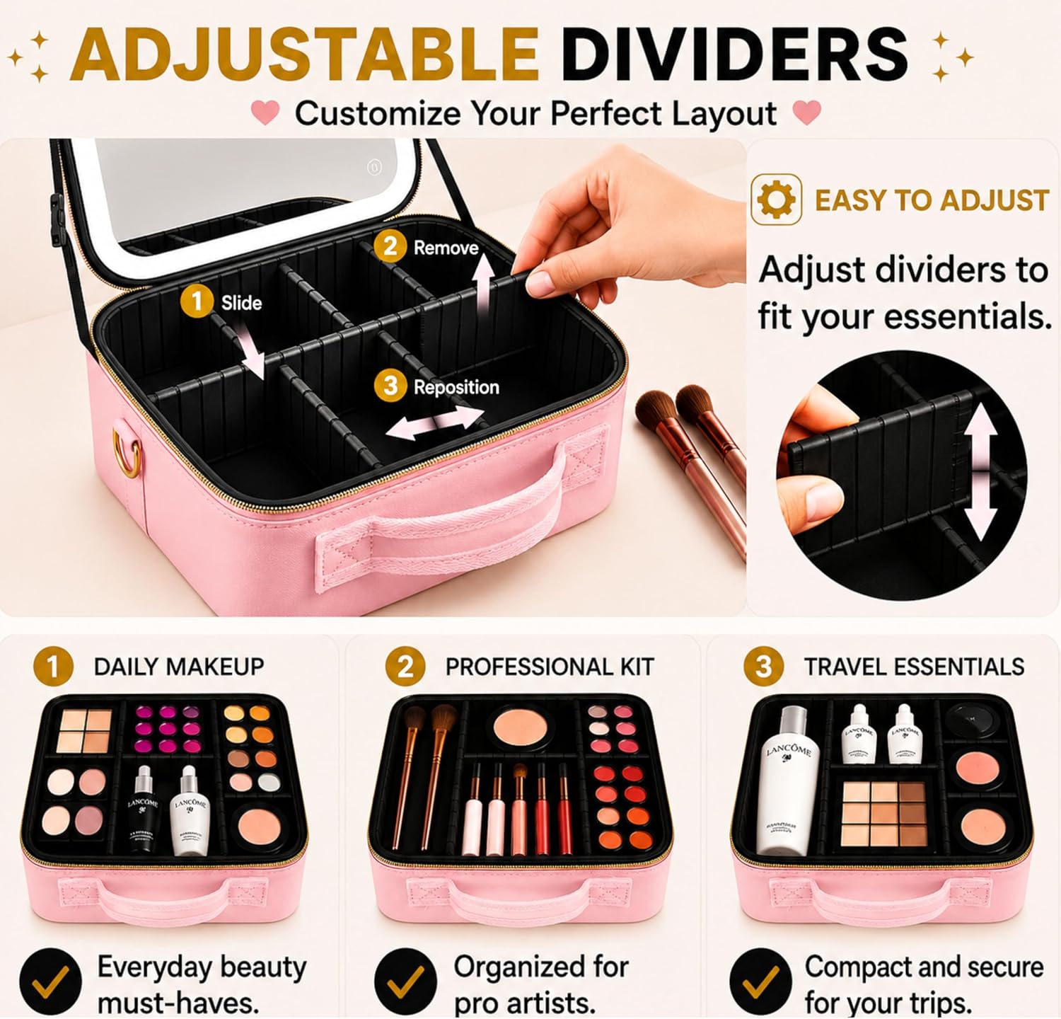 Makeup Train Case with LED Mirror, Travel Vanity Case, Rechargeable Lighted Mirror, Adjustable Dividers, Brush Holder, Makeup Organizer for Women, Pink