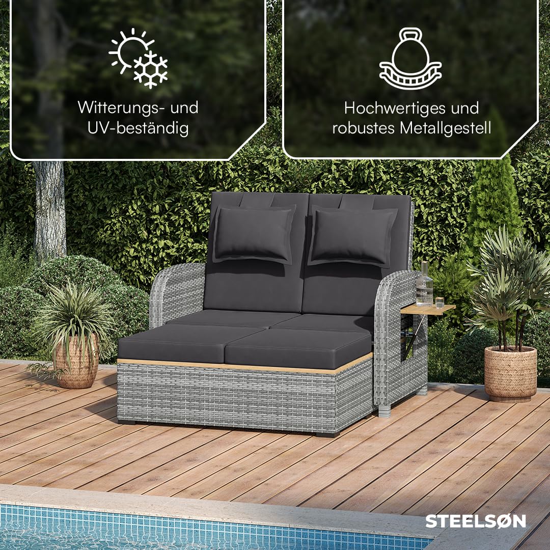 STEELSØN Caelum Sonnenliege mit Kissen Grau – Rattan Loungebett verstellbare Rückenlehne – Doppelliege ausklappbare Seitentische – Gartenliege wetterfest – Sonnenbett 2 Personen – mit Liegefunktion