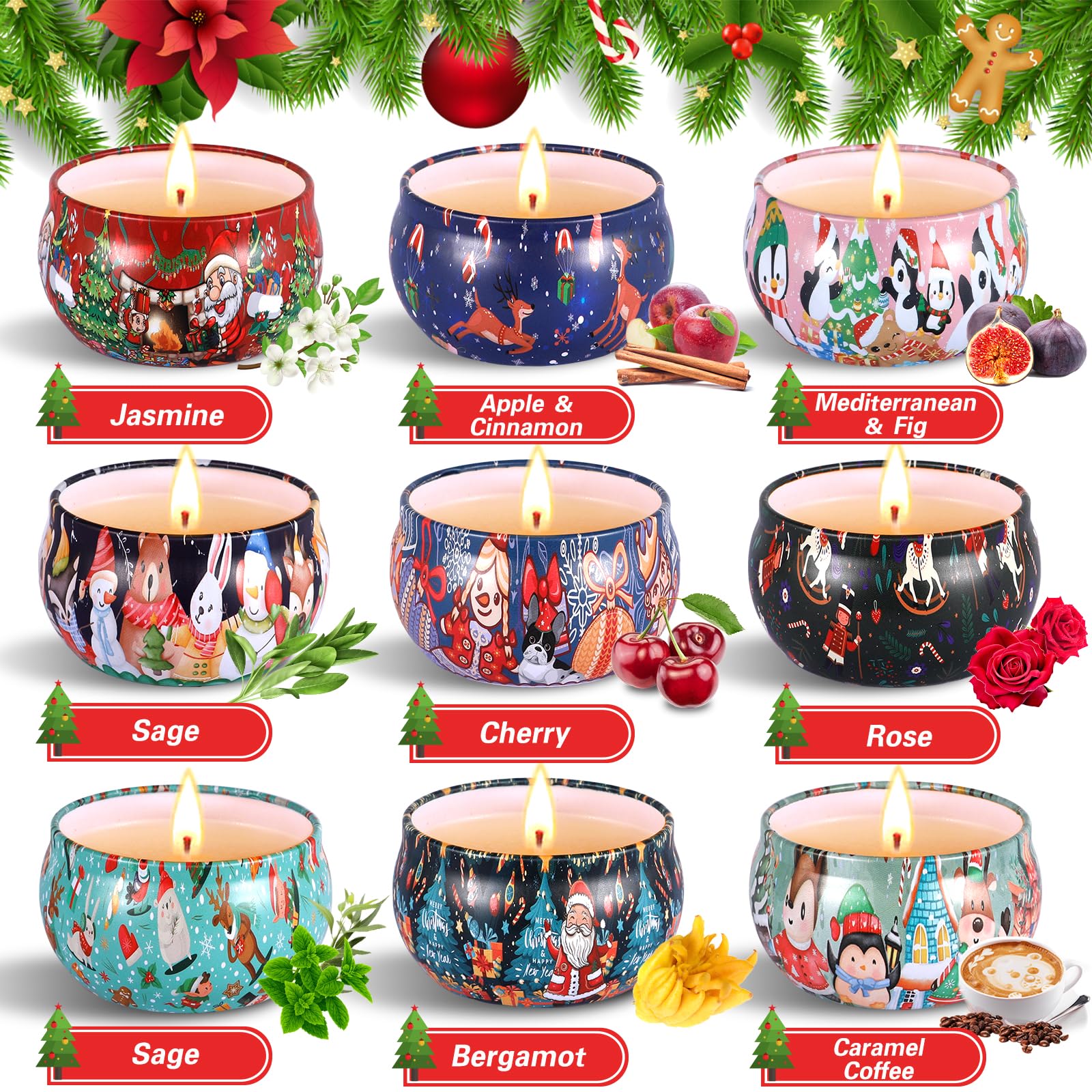 Duftkerzen Geschenkset Christmas Scented Candle Set Aromatherapiekerzen 2.5oz Natürliches Sojawachs Aroma Kerze Mit Tragbare in Dose für Weihnachten GeburtstagsgeschenkBad/Yoga neu (9)