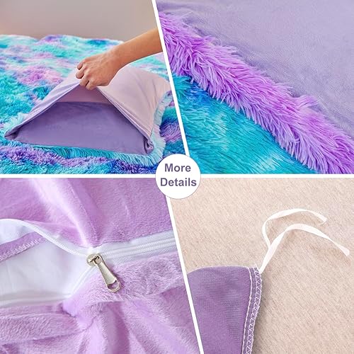 Miniatura 39 de SUCSES Faux Fur Duvet Cover Set Twin Size, Tie Dye Rainbow Plush Shaggy Girls Bedding Set, Soft Velvet Fluffy Fuzzy Ombre Comforter Cover Set