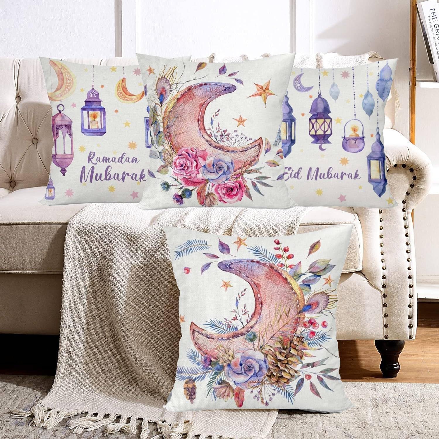 Throw Pillow Covers, 4 PCS Ramadan Pillow Covers, EID Mubarak Cushion Covers Moon Light Star Pattern Throw Pillowcases 45x45 cm Home Decor Decorations for Sofa Couch Bed Chair (STYLE 3)