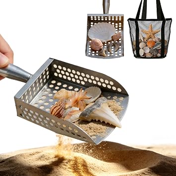 Beach Sand Sifter| Shark Tooth Sifter & Shell Scooper with 1 Mesh Bags, Boys & Girls | Fun Beach Toys for Shell Collecting