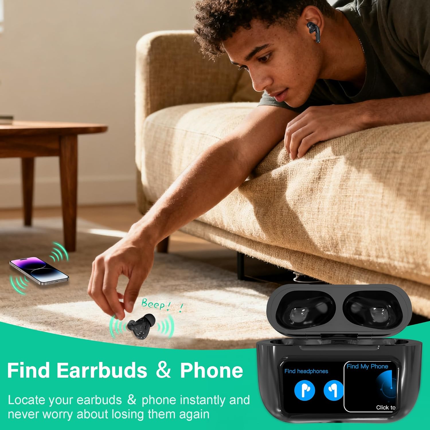 ONES MusPlayE Wireless Earbuds, Bluetooth 5.4 Headphones in Ear with Touch Screen, Active Noise Cancelling, Hi-Fi Stere, USB-C, APP Connected, for iPhone, Android, iPad, Sports, Commuting, Exercise