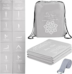 Foldable Yoga Mat for Women, Non Slip Exercise Mat for Home Gym, Travel Yoga Set With Stretch Strap for Yoga Pilates and Fitness, 68"L x 24"W x 1/5 Inch Thick