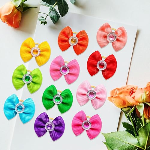 Miniatura 7 de Mruq pet 50 lazos para el pelo de perros pequeños para mascotas, lazos para el pelo de cachorros de color sólido a granel con bandas de goma, mezcla