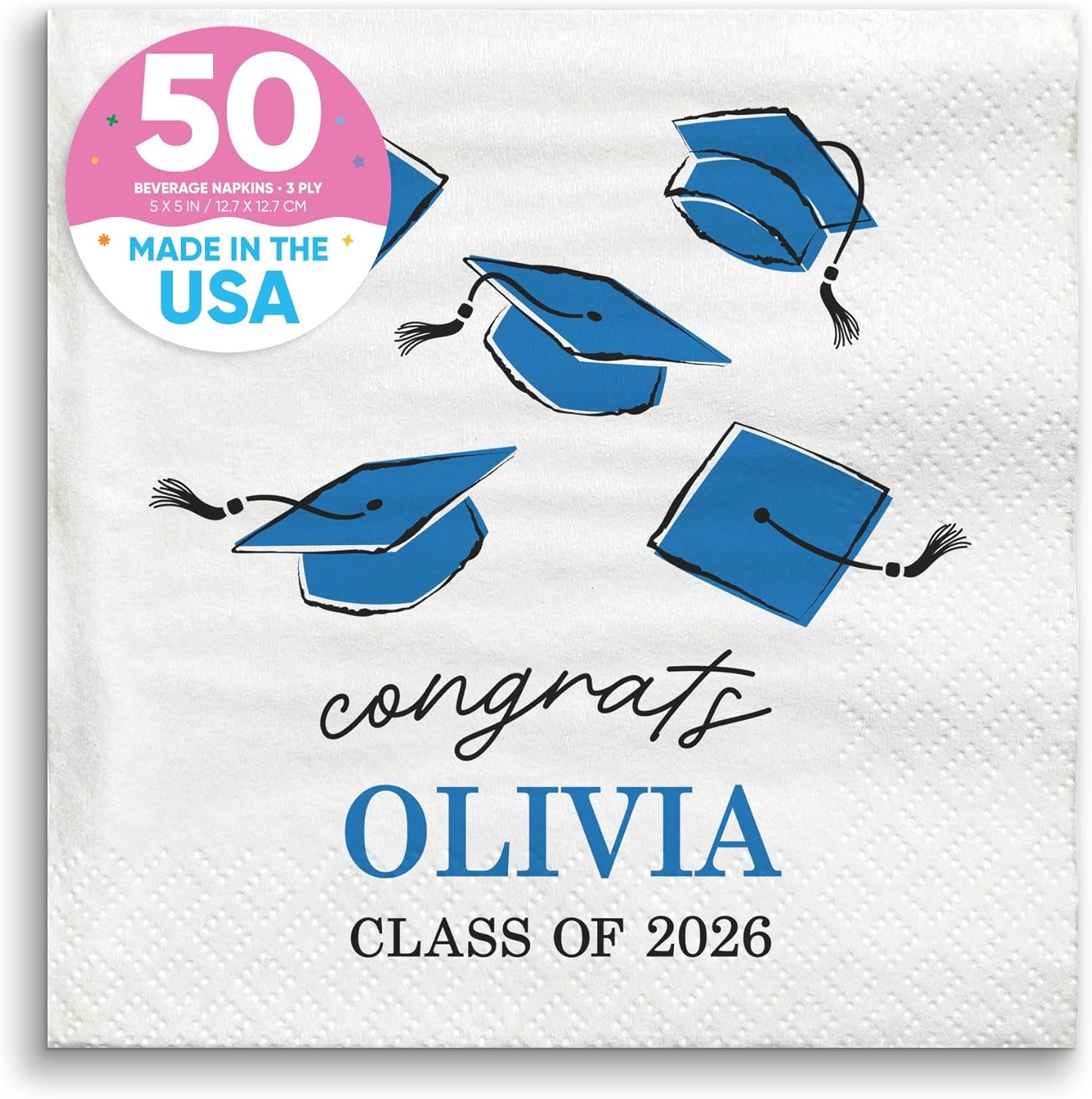 Big Dot of Happiness Personalized Blue Graduation Party Napkins, Vibrant Color Printing on White 3-Ply Paper, Custom Class of 2026 Beverage Napkins - 50 Count