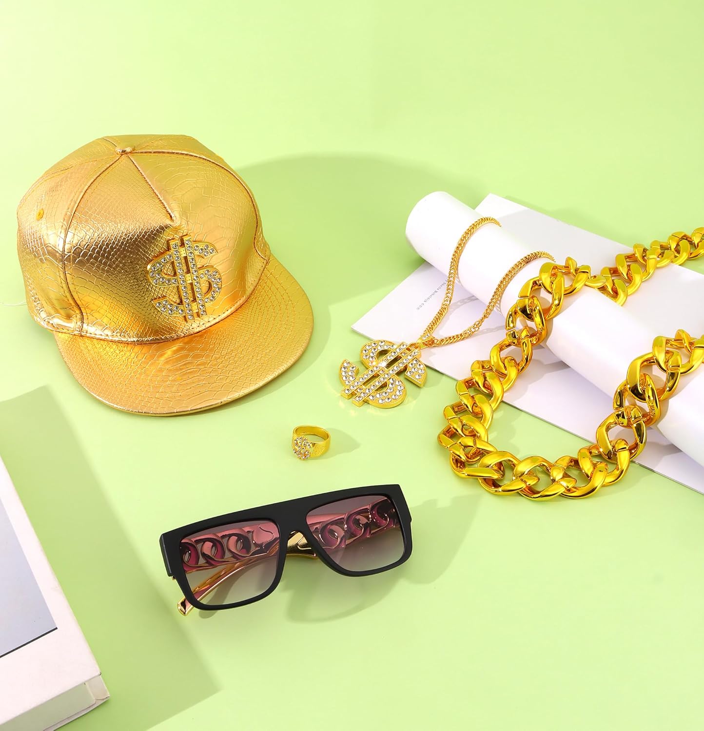 MOZAKA 80s 90s Hip Hop Costumes Outfit for Men Golden Chain Money Chain Dollar Sign Baseball Cap Punk Sunglasses Rapper Accessories. - Image 7