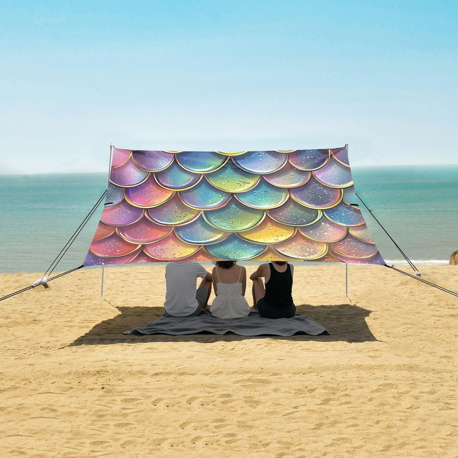 ALAZA Rainbow Mermaid Scale Beach Tent Sun Shelter UPF50+ Protection Beach Shade Canopy w/ 4 Sandbags for Outdoor Camping, Fishing, Backyard Fun, Picnic, 10x9 ft