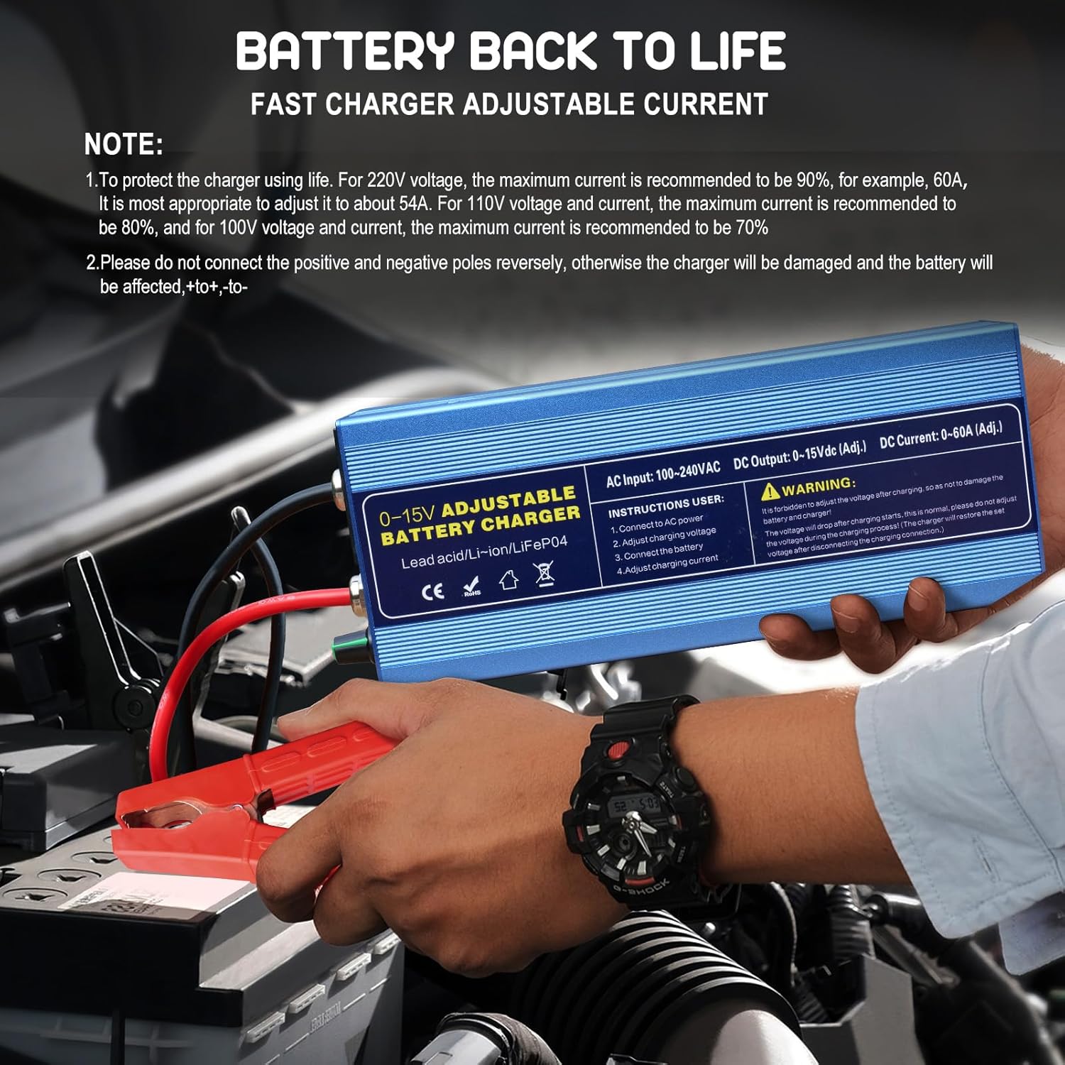 12V High Power Lifepo4 Charger Smart Battery Charger with 0-15V Adjustable Current and Voltage,Portable Power Adapter for 14.6V LiFePO4 Lithium Iron Rechargeable Battery(BU60)