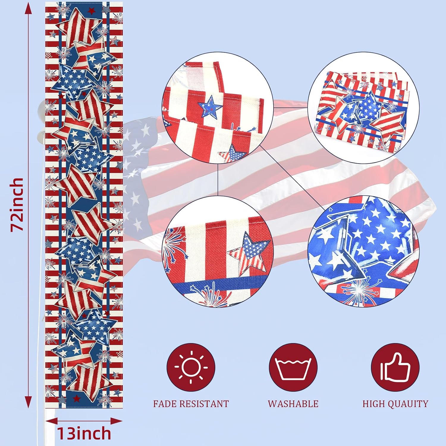 72 x 13 Inch 4th of July Table Runner, Patriotic Stars and Stripes Table Runner with Fireworks Design, Red White Blue American Flag Style Dining Decor for Independence Day