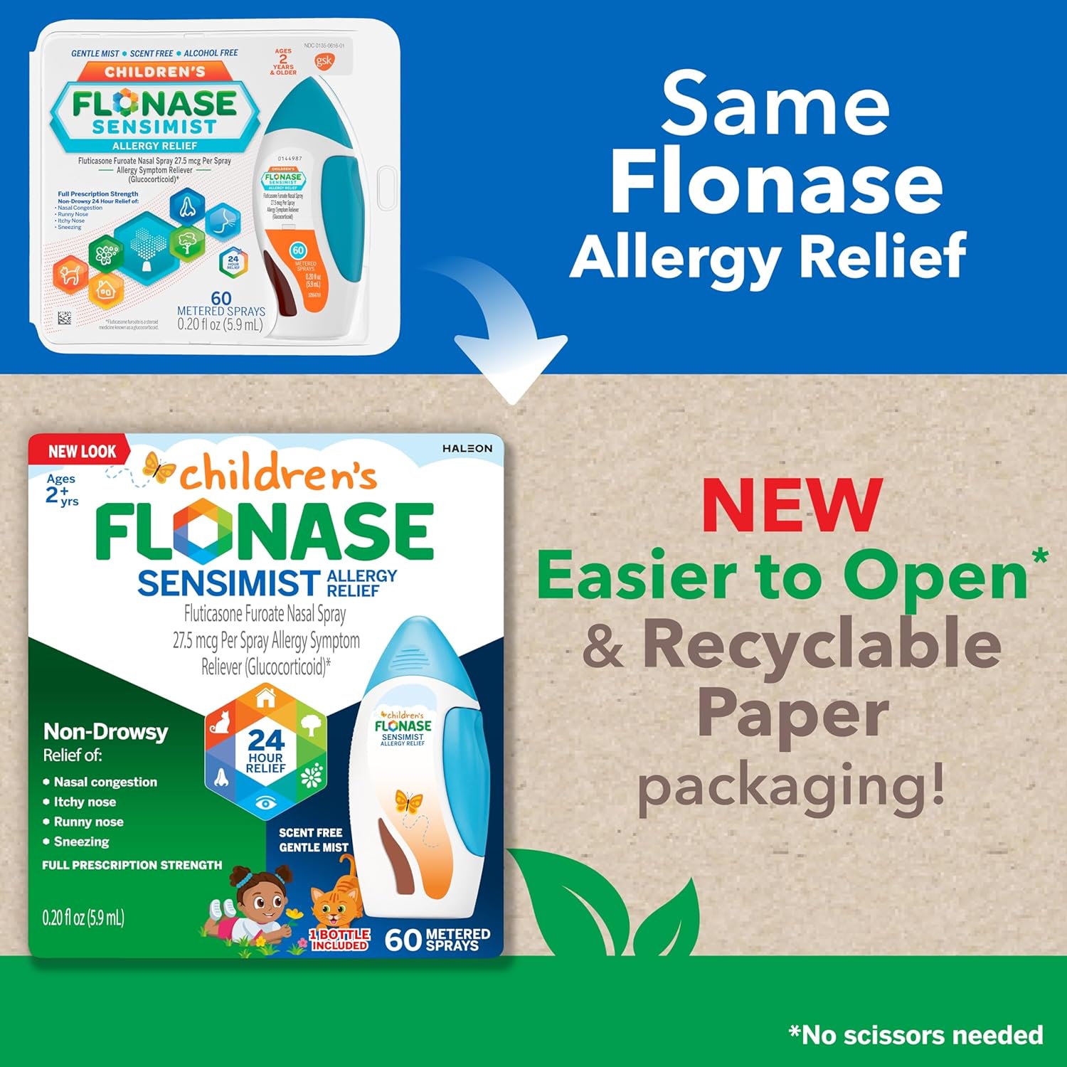 Flonase Sensimist Allergy Relief Nasal Spray for Adults and Kids - 120 Sprays Total (2 Bottles of 60 Sprays Each)