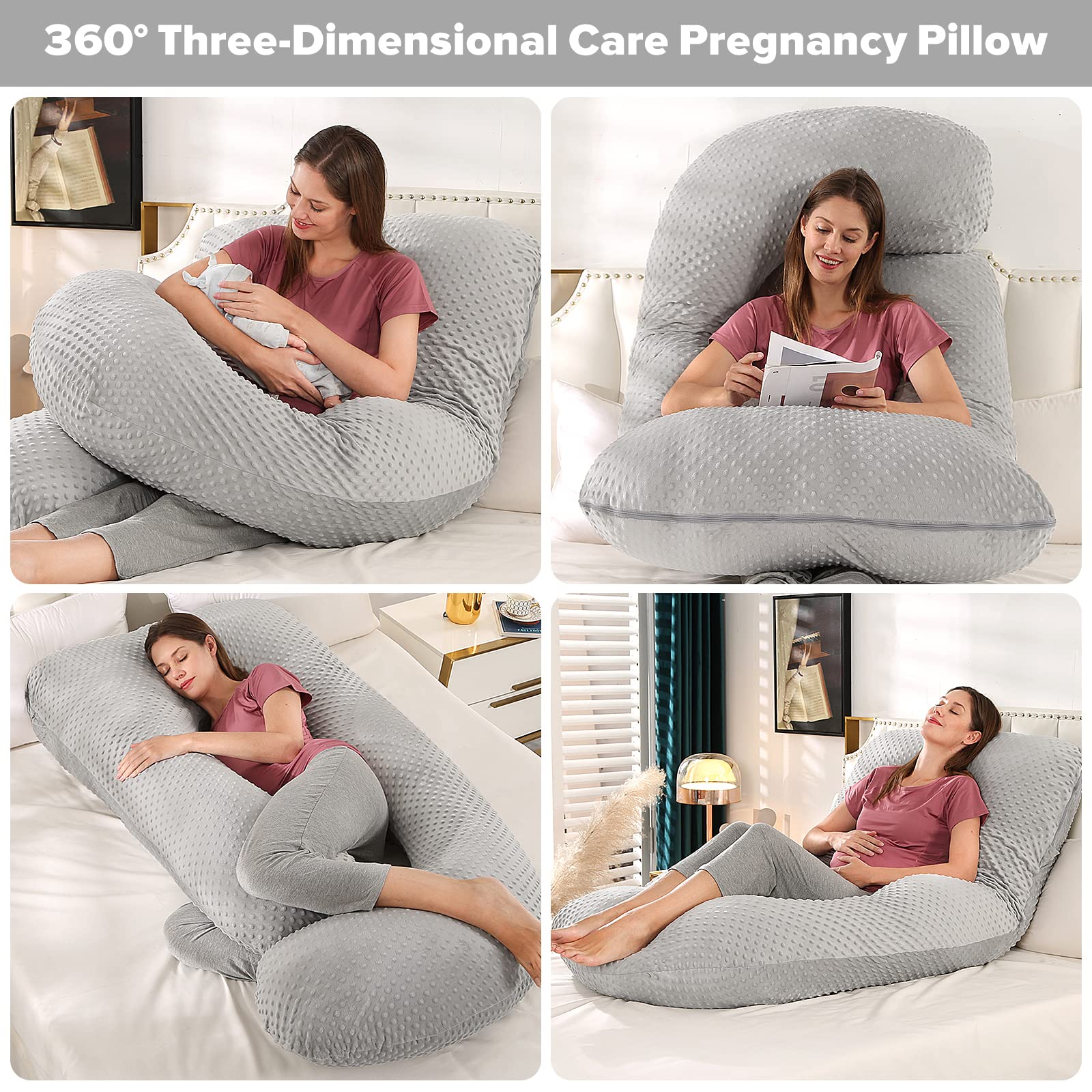 Elover Coussin de grossesse en forme de U pour femme enceinte avec housse en velours remplaçable et lavable, taille 152,4 cm (gris clair, velours)