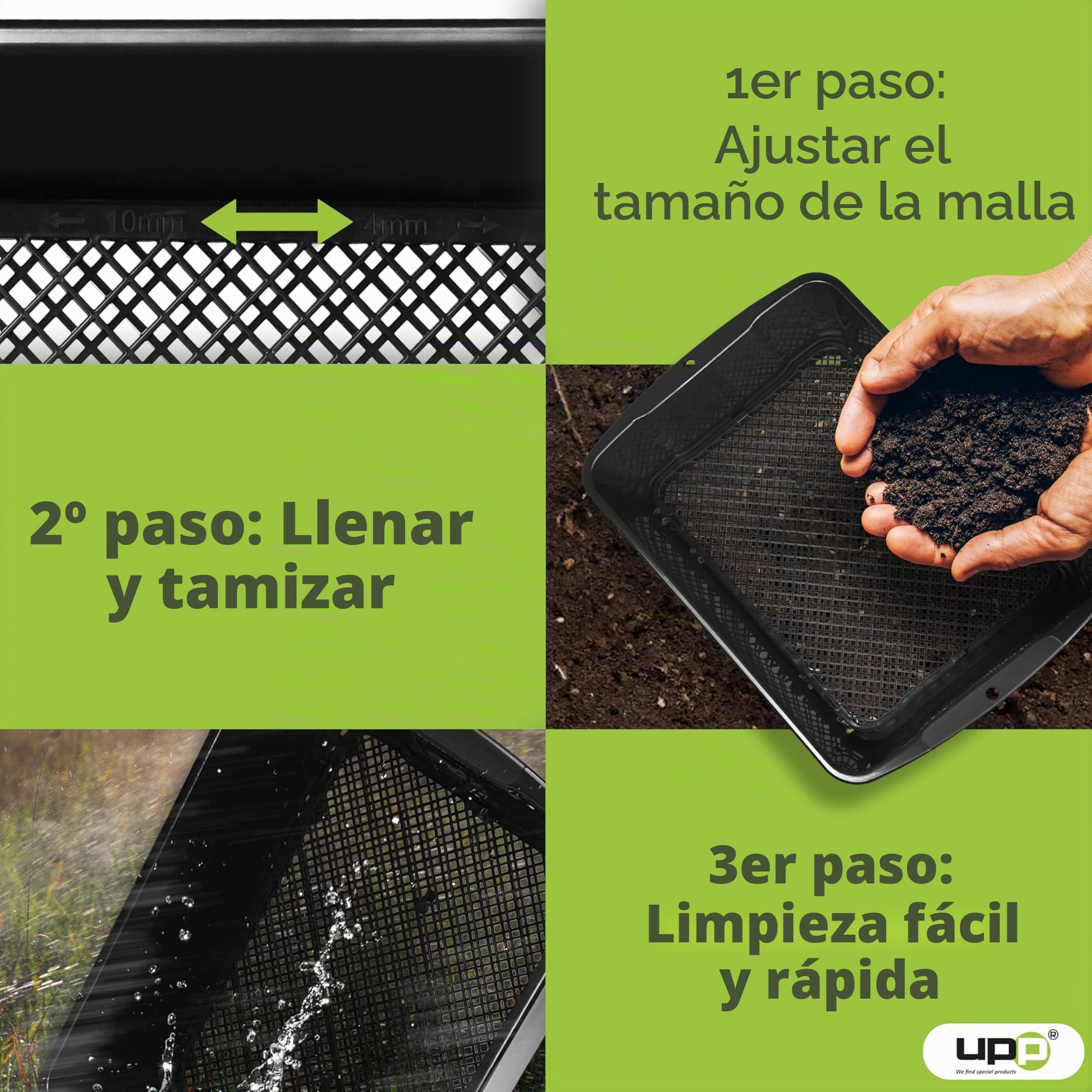 UPP tamiz de Tierra para jardín I cedazo, Doble Malla tamizadora deslizable, Separa Piedras, malezas, terrones, etc. I tamiz 2 en 1 para Huerta, Patio, jardín (39,5 x 29 x 11 cm)
