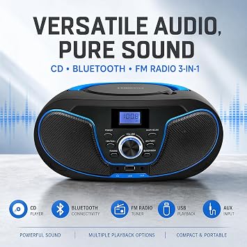 LONPOO LP-D02 Portable CD Player Boombox Bluetooth, Crystal-Clear Sound