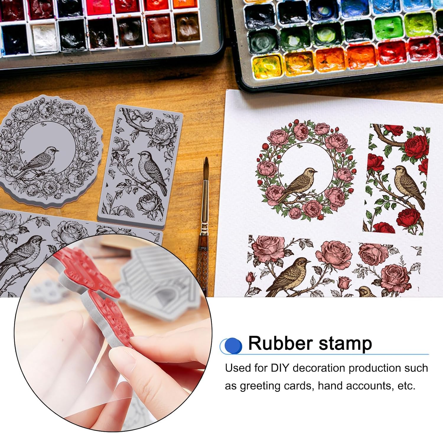 GLOBLELAND Flower Bird Background Cling Rubber Stamps 8.7x7 inch Wreath Bird EVA Cling Mount Stamp Florals Border Rubber Stamps Set for Spring Card Making Photo Album Decor DIY Scrapbooking