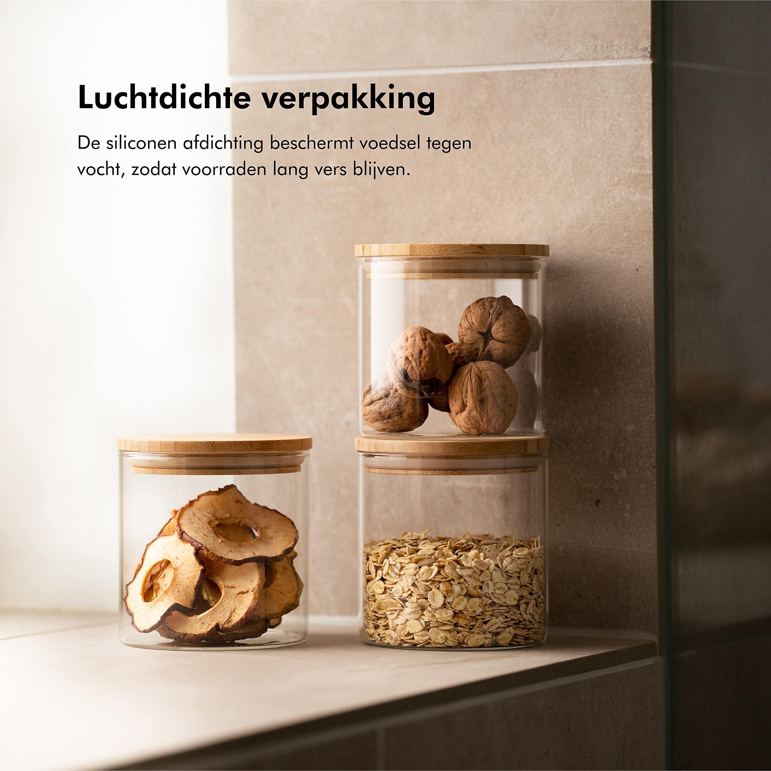 KIVY Voorraadpotten set [4 x 600ml] - Stapelbare kleine potten met deksels van duurzaam bamboe, glazen voorraadpotten glas, glazen potjes met deksel, voorraadbussen meel, voorraaddozen granen