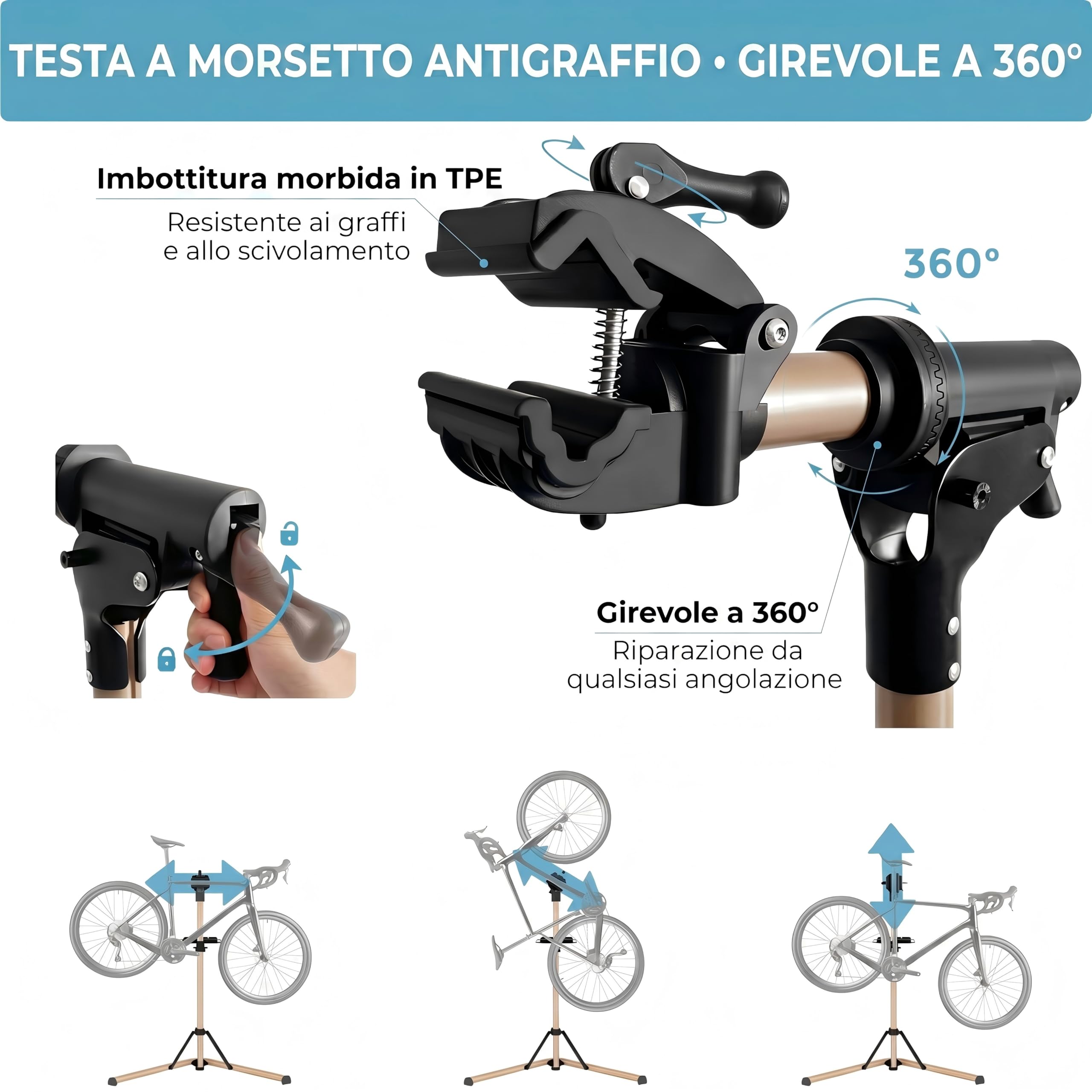 Cavalletto da Riparazione e Montaggio in Alluminio per Bici, Completamente Pieghevole, Doppio Blocco di Sicurezza, Compatto, Ultraleggero, Vassoio Magnetico per E-Bike/Mountain Bike