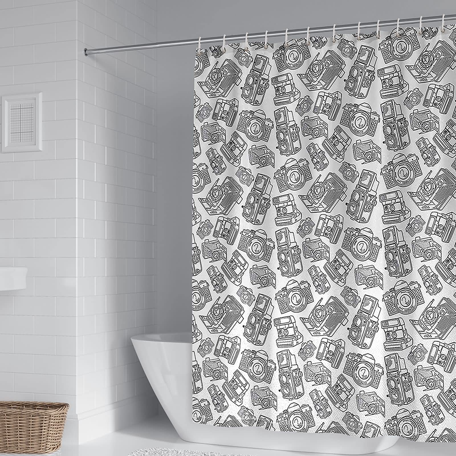 Rideau douche 90x180cm polyester KnSam motifs appareils photo gris blanc